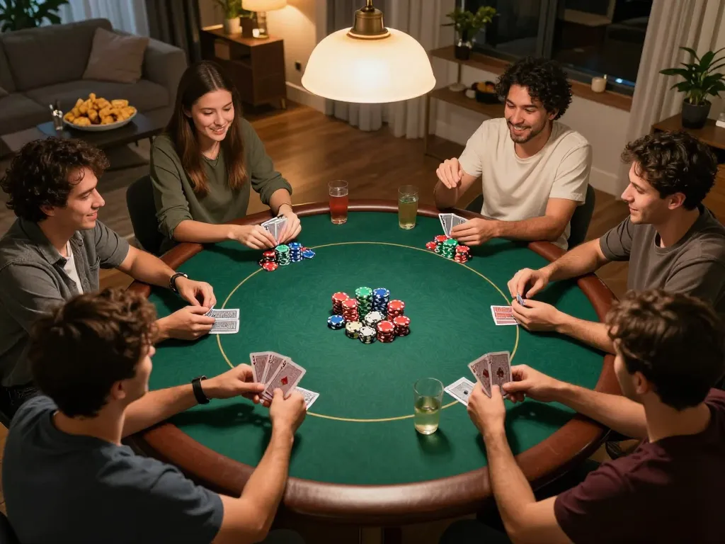 Boca Raton Construction Litigation Lawyer observes friends playing poker, engaging in strategic gameplay during home night.