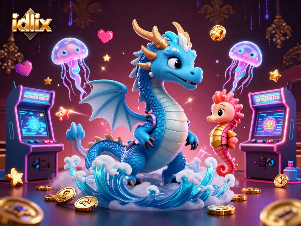 Play engaging games with idlix, as a dragon and knight navigate a vibrant casino scene.