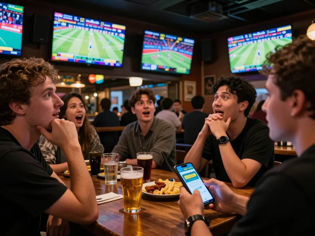 Engaging in sports betting using the 888vnd app in a lively bar setting.