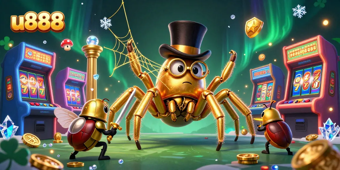 Engage with u888's exciting online slots featuring golden tarantula and beetle knight in a vibrant casino scene.