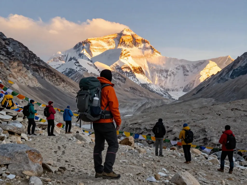 Stunning view of Everest Base Camp Trek with Helicopter Return during sunset, showcasing trekkers enjoying the breathtaking landscape.