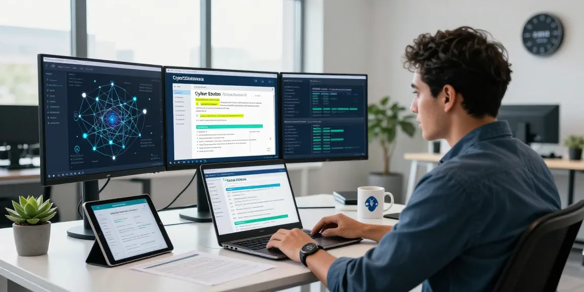 IT professional reviewing the cyber essentials questionnaire in a modern cybersecurity workspace.