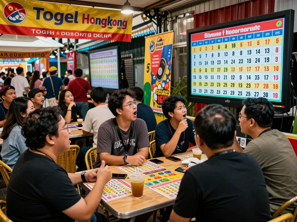 Togel Hongkong live draw event with enthusiastic participants watching winning numbers in a vibrant urban setting.