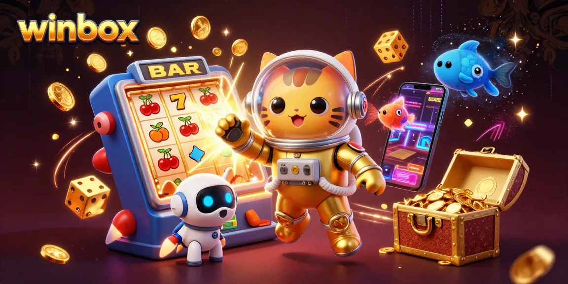 Winbox brings slot excitement alive with a 3D astronaut cat and robot dog amidst dynamic casino elements.
