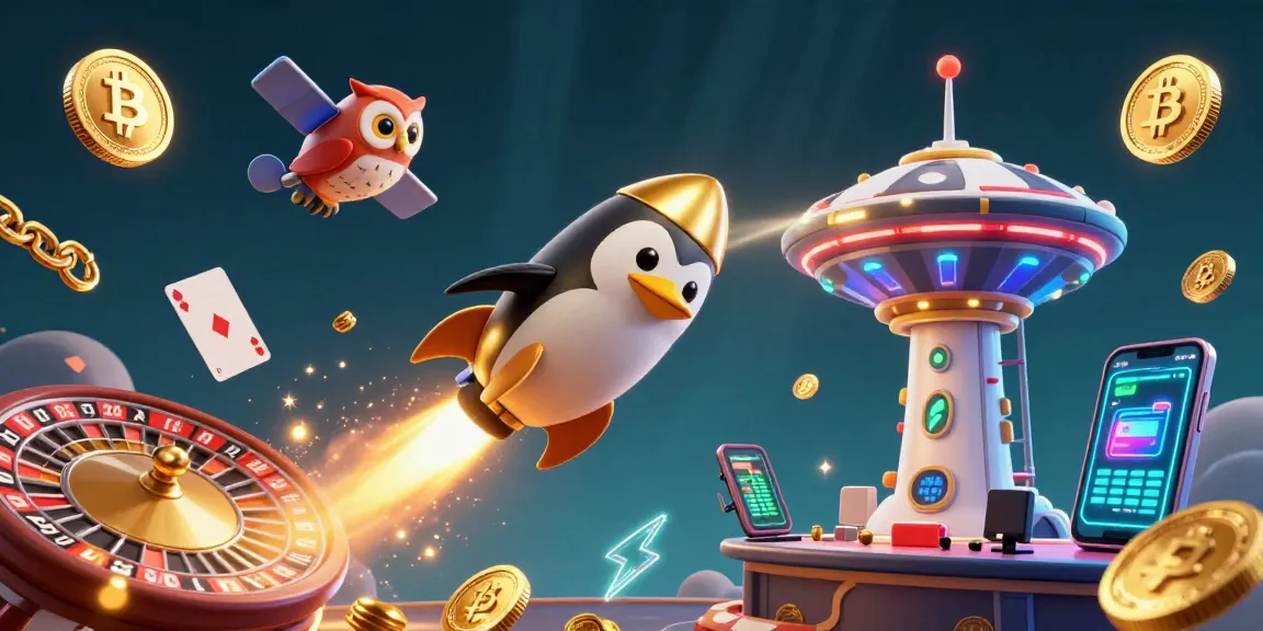 Experience thrilling action at Bandar Live Casino with a golden penguin, poker-themed space station, and vibrant gaming elements.