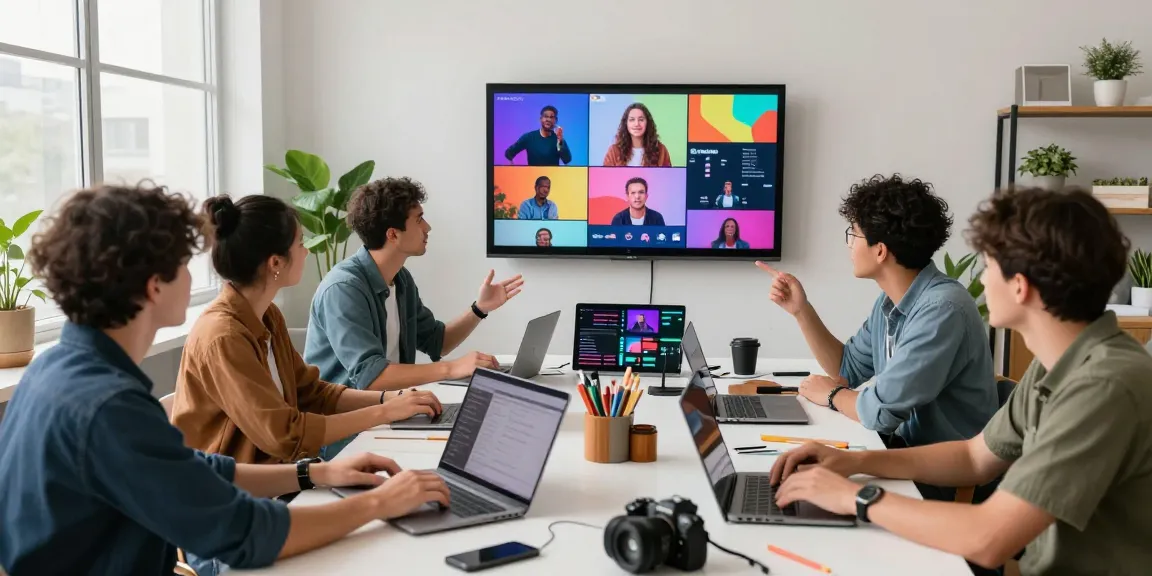 Team collaborating using seedance ai for video production in a bright creative workspace.
