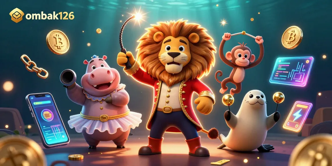 Engage with ombak126 in a lively casino scene featuring whimsical characters and vibrant crypto elements.
