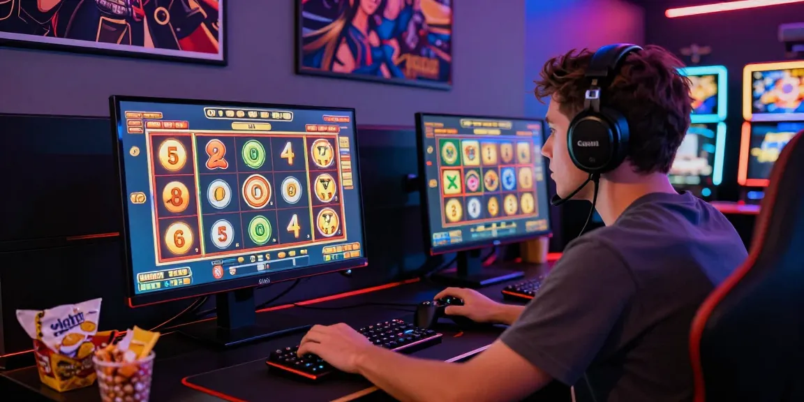 A player enjoying situs depo 5rb slot games in a vibrant gaming setup filled with snacks and colorful lighting.