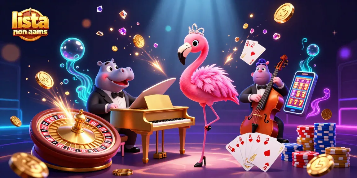 Scopri il mondo emozionante dei casino non AAMS con un'illustrazione 3D vivace che mette in mostra giochi da casino e personaggi.