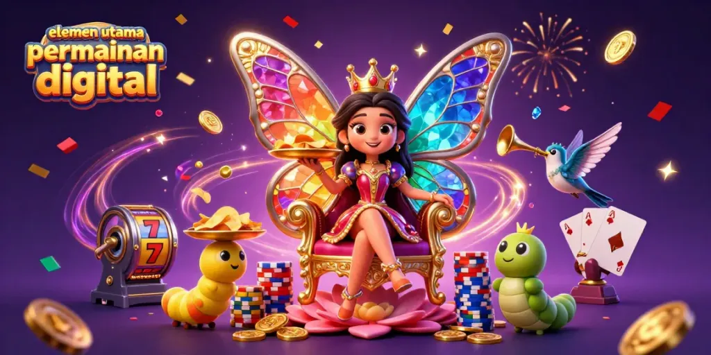 Slot88 menghadirkan elemen utama permainan digital dalam ilustrasi 3D yang penuh warna dan detail, menampilkan simbol kasino.