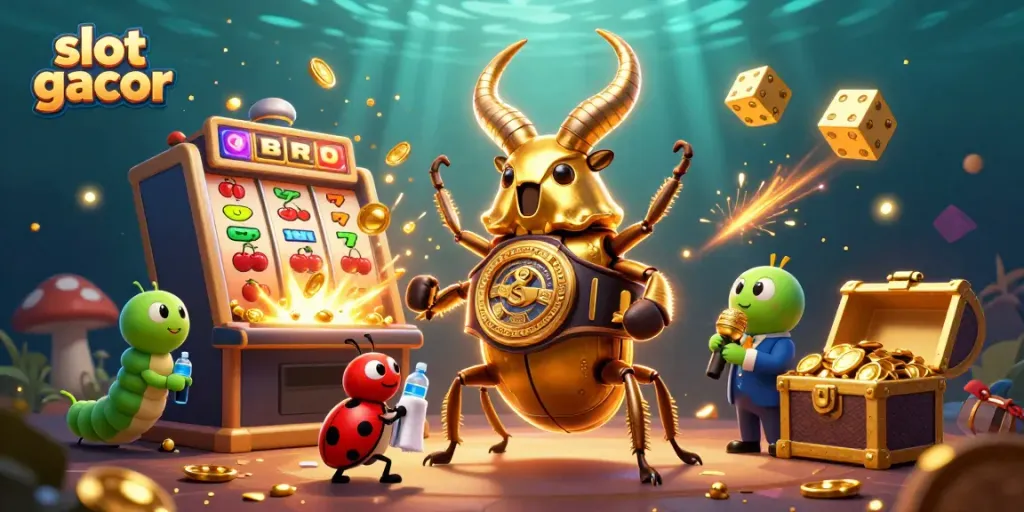 Engage with slot gacor on a vibrant casino scene featuring dynamic characters and playful elements.