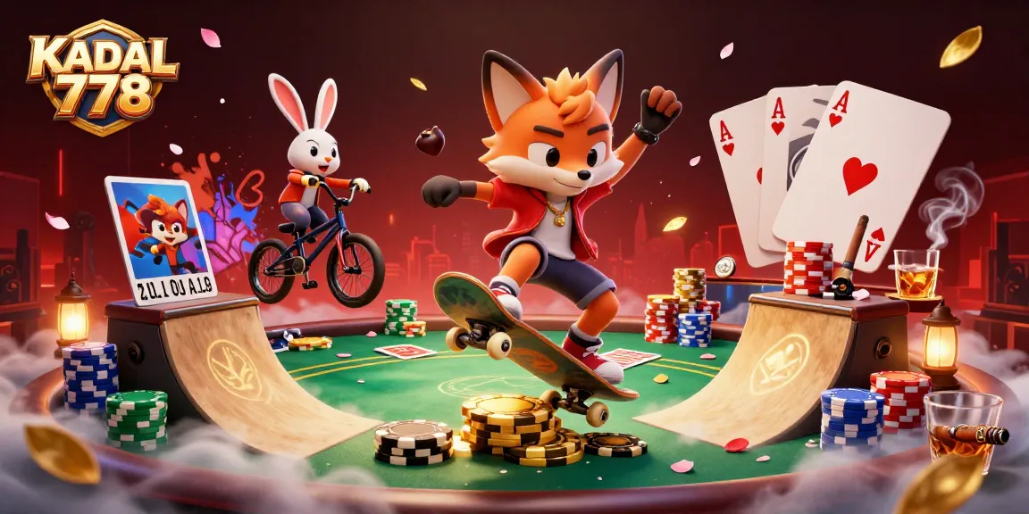 KADAL 778 gamers enjoy a dynamic gaming scene with cartoon fox and rabbit performing tricks over casino-themed elements