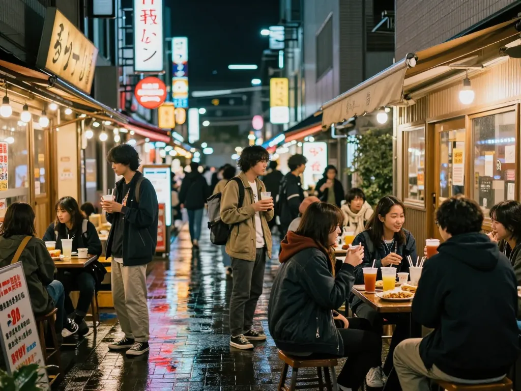 友人たちが活気あるネオン街で体験を語り合う帯広のナイトライフシーン、デリバリーヘルスサービスを強調。