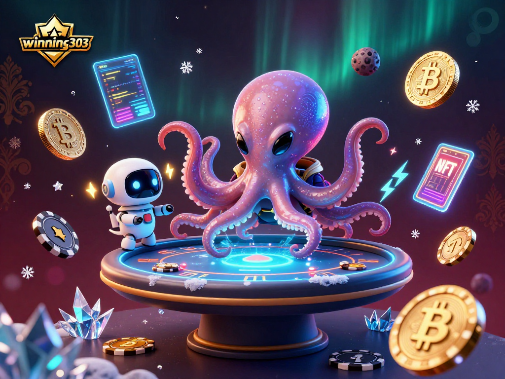 Winning303 showcases an alien octopus playing poker with crypto elements in a vibrant casino scene.