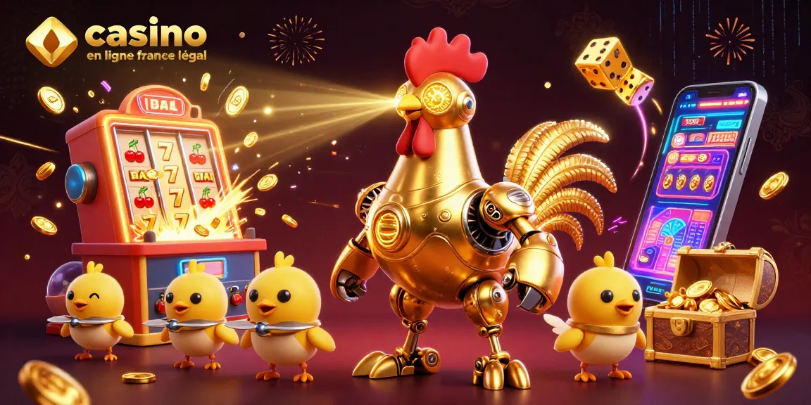 Casino en ligne en France légal avec un robot et des drones en action remplis de pièces d'or.