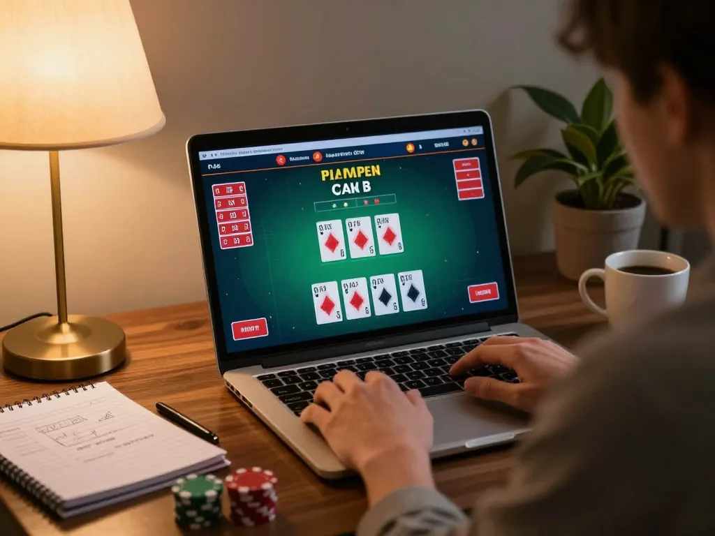 rokok88 player engaged in online poker gaming from a cozy living room setting, showcasing strategic gameplay.
