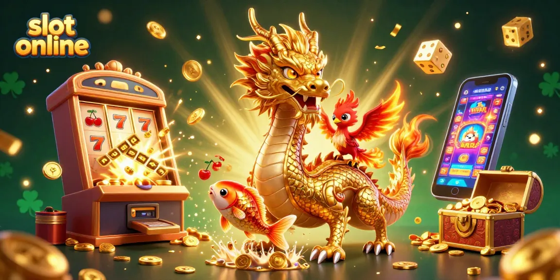Experience thrilling slot online action with a vibrant dragon, phoenix, and koi in a jackpot celebration.