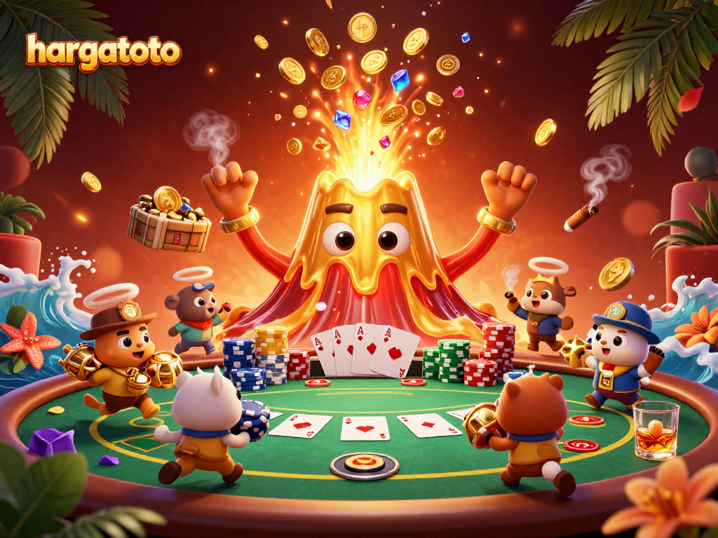 Experience thrilling wins with hargatoto's vivid casino illustration featuring vibrant treasures and game elements.