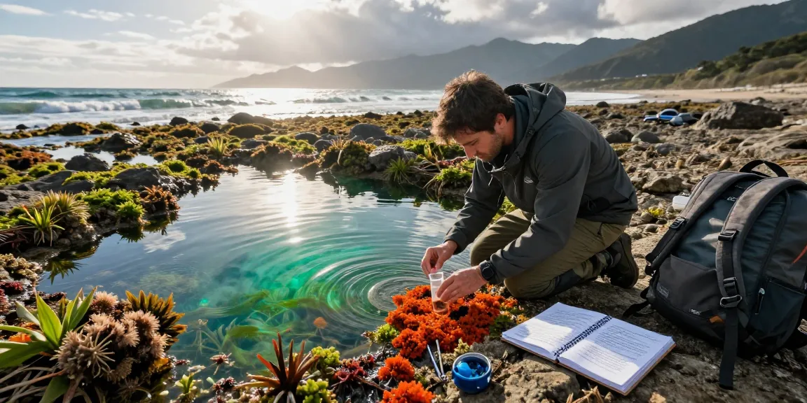 Marine biologist studying microalgae astaxanthin in tide pool, showcasing vibrant marine life and scientific exploration.
