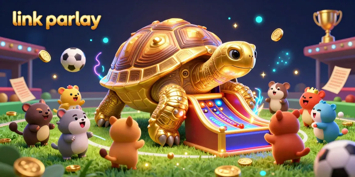 Bet on a thrilling link parlay with a golden tortoise pinball machine amidst an exciting sports scene.