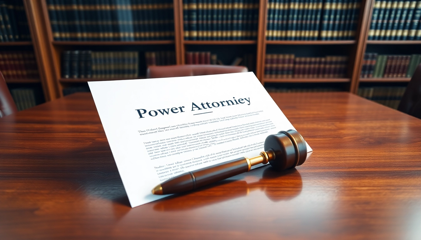 Highlighting the Power of Attorney document on a polished desk with law books, suggesting professionalism.