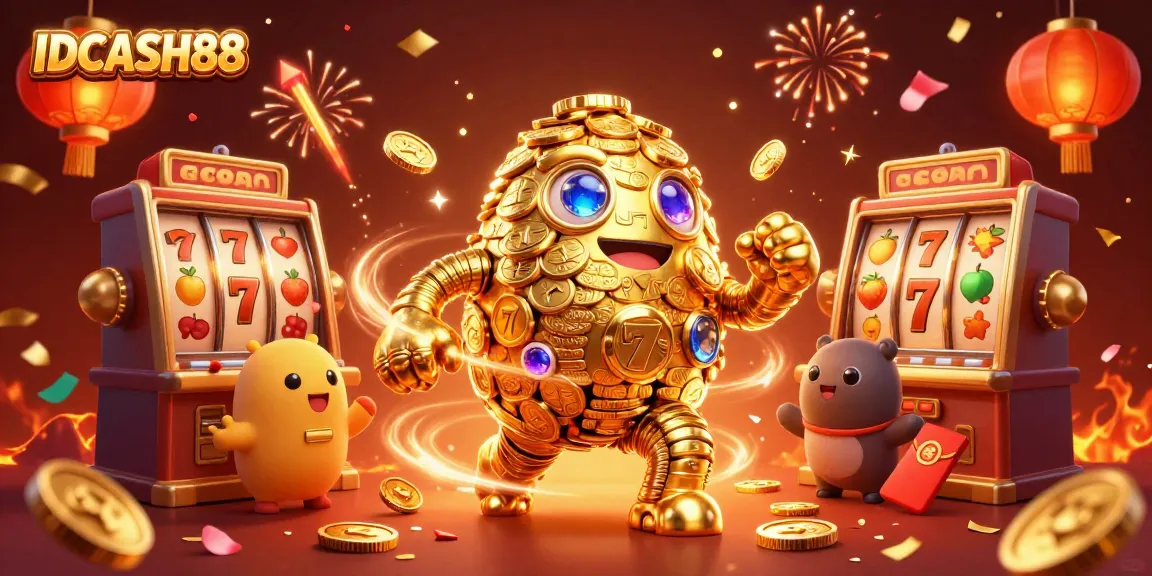 Experience thrilling slots with IDCASH88's golden golem and festive elements in vibrant 3D art.