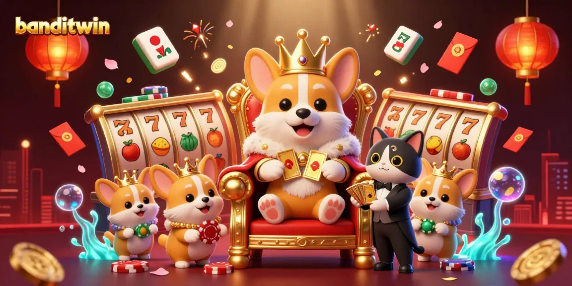 Banditwin menyajikan corgi yang bertahta di atas chip poker dikelilingi elemen perjudian yang menawan.