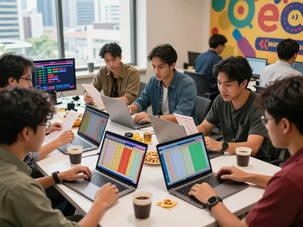 Togel Hongkong enthusiasts analyzing data and betting strategies in a vibrant urban setting.