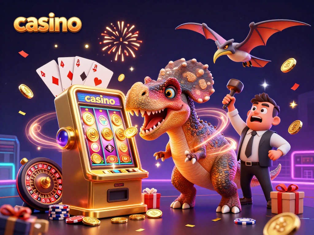 Catch the casino action with a pachycephalosaurus at a jackpot slot machine, as confetti rains down.