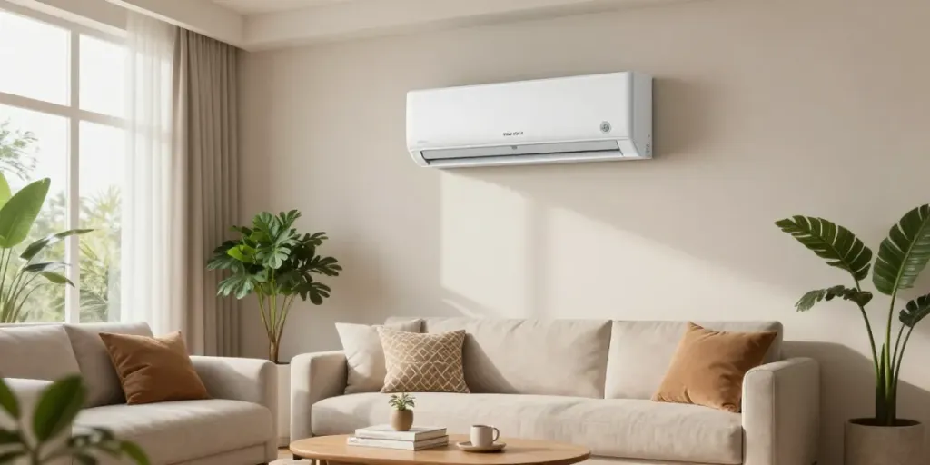 Inviting living room showcasing an 18k BTU mini split air conditioning unit with stylish decor and natural lighting.