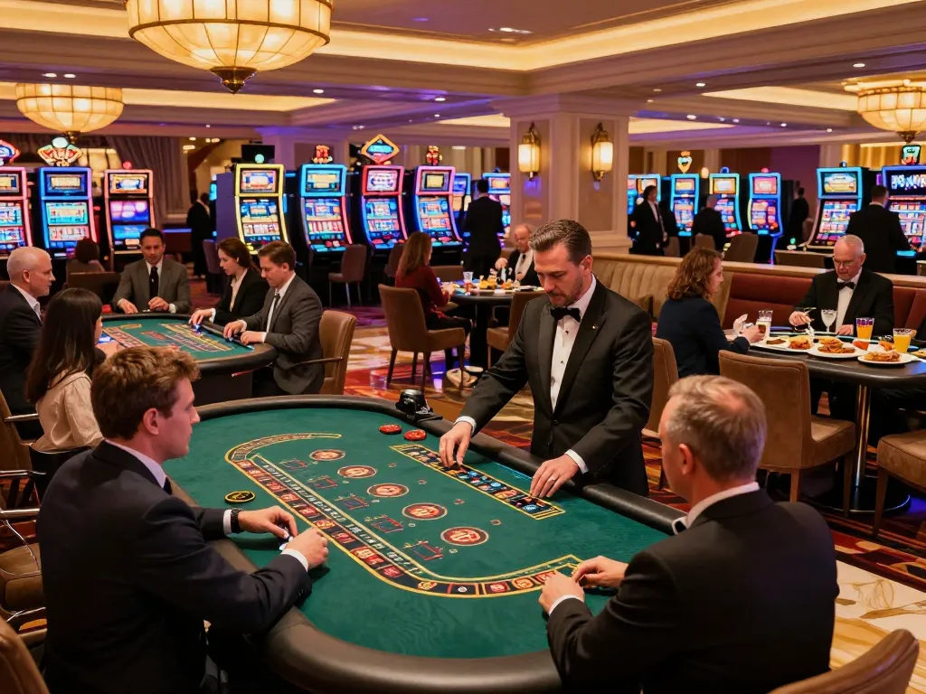 Experience Sunwin gaming excitement with players engaging in high-stakes roulette and blackjack in a vibrant Vegas casino.