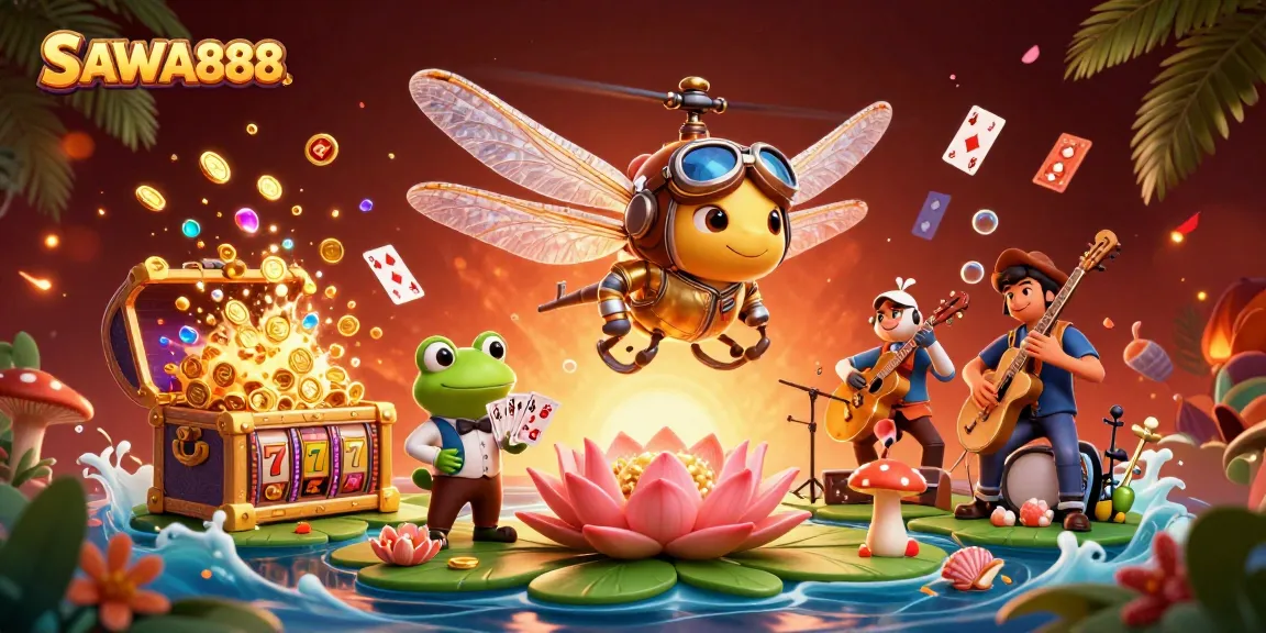 Spin the reels of SAWA888 as the dragonfly pilot hovers above a lily pad casino deck with vibrant game action.