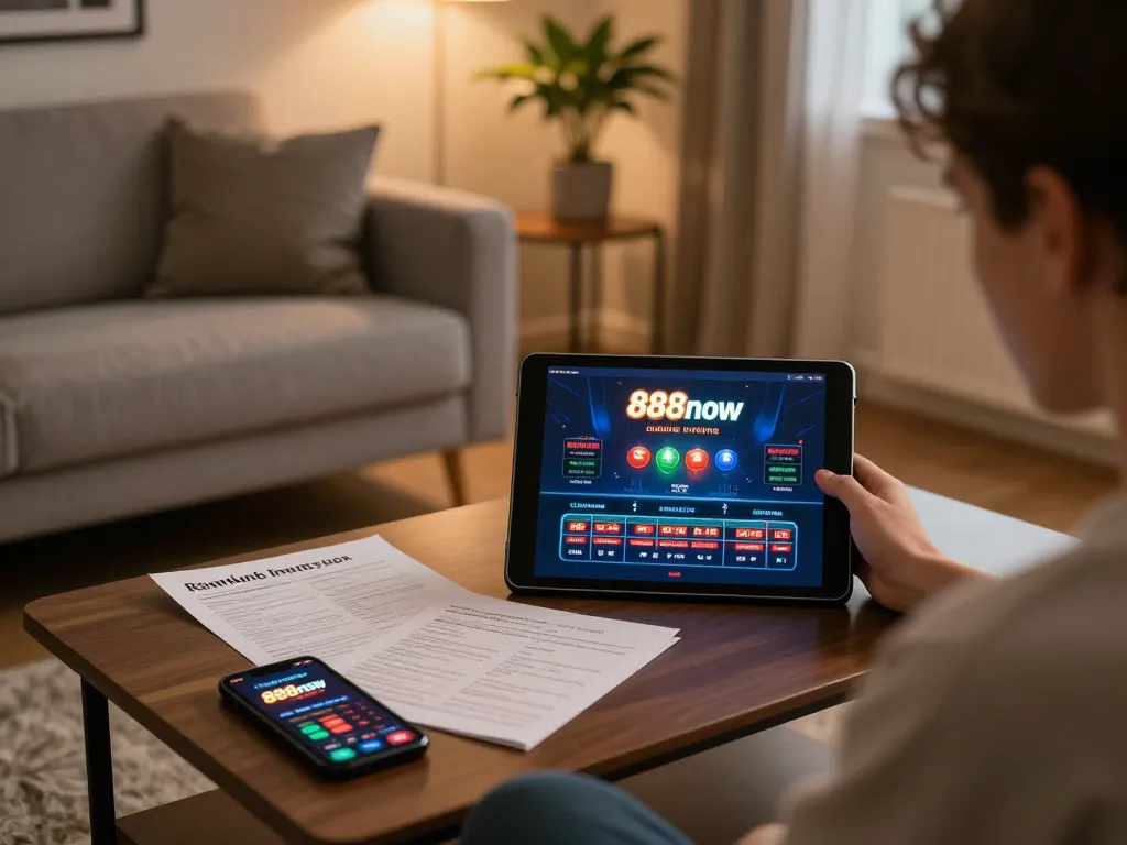 A player engaged in online gambling at 888now, using a tablet for strategic betting in a cozy home setting.