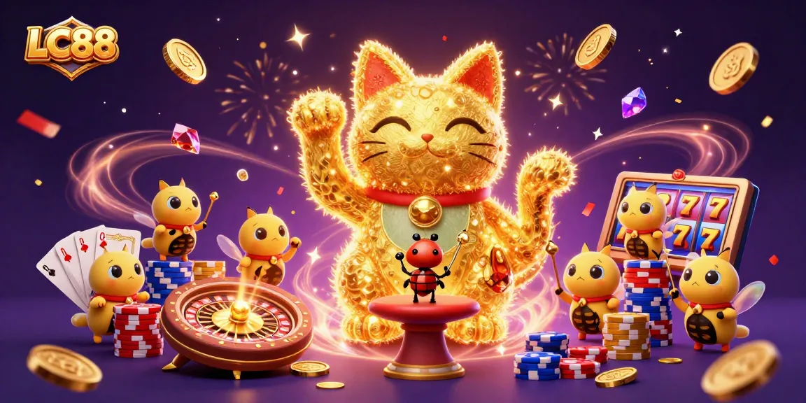 Experience the excitement of LC88 with vibrant casino symbols and a lucky cat in a dynamic 3D scene.