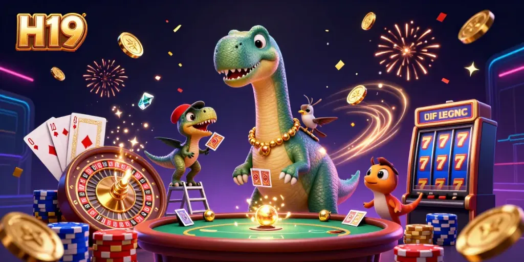 Encounter excitement at H19 with a colossal brontosaurus overseeing card games and dazzling casino elements.
