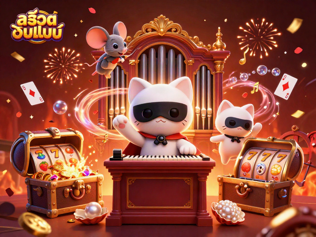 Experience the excitement ofสล็อตออนไลน์ as a phantom cat performs in a vibrant casino scene.