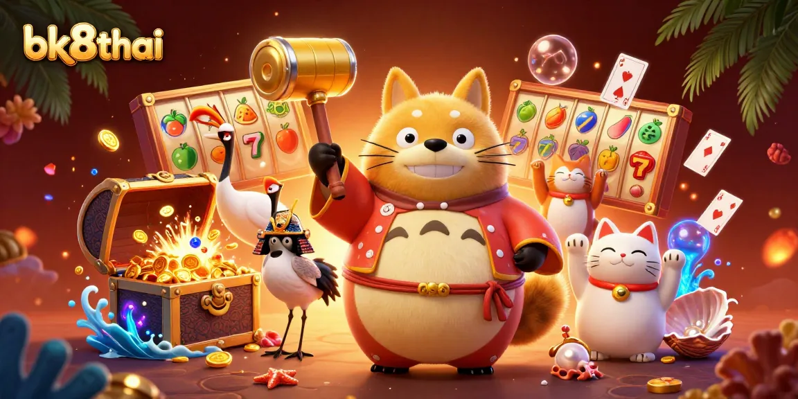 Engage in exhilarating gaming action with bk8thai, featuring vibrant slot elements and fortune-themed characters.