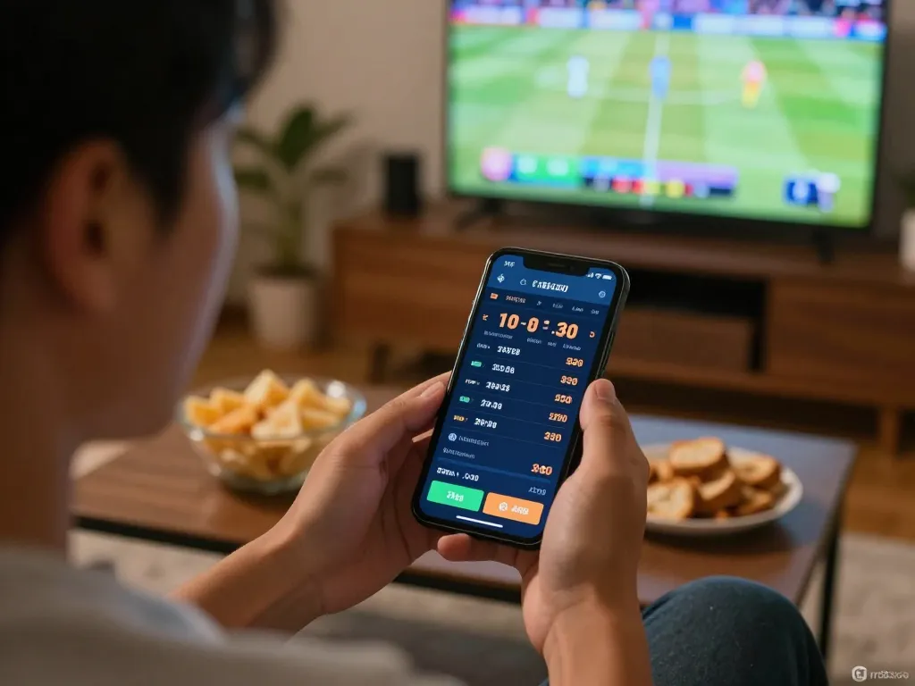 Engaged sports bettor using a smartphone to wager on rr88co while enjoying a live game at home.