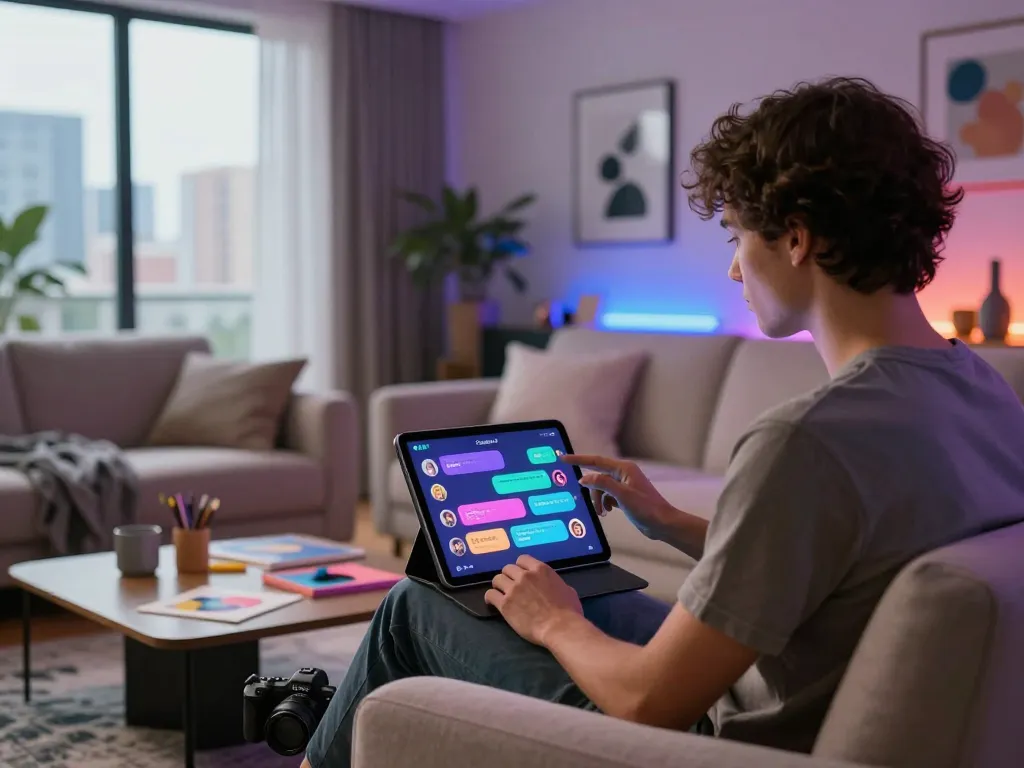 Interactive chat experience with CrushOn AI featuring customizable characters in a stylish living room setting.
