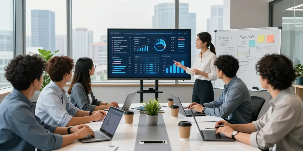 IT support for business team collaborating in a modern corporate office with real-time analytics on display.