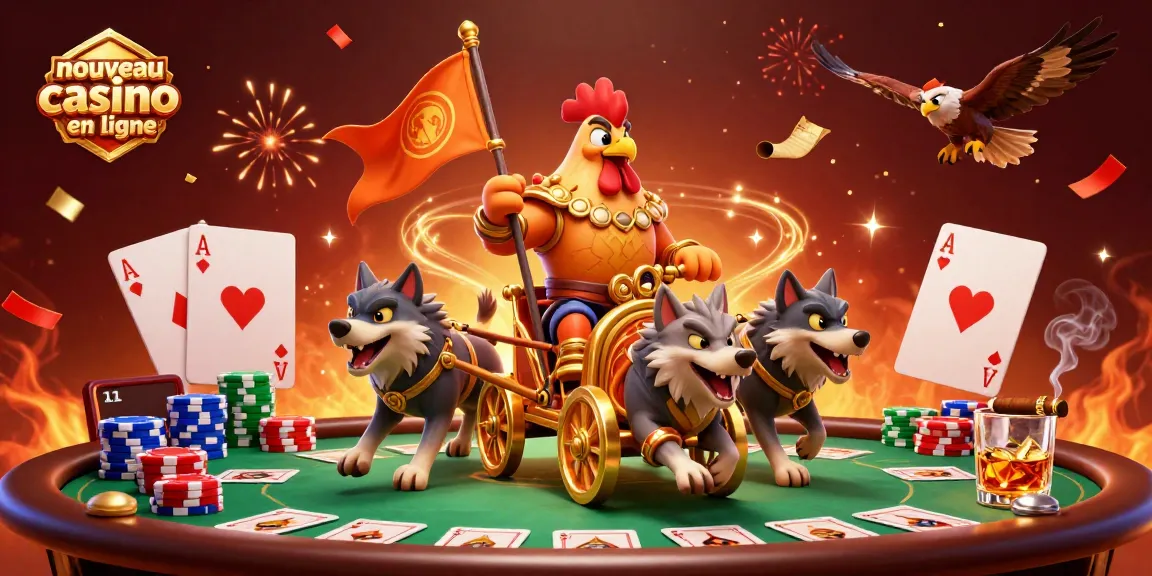 Illustration 3D d'un nouveau casino en ligne avec un seigneur coq et des éléments de jeu de poker.