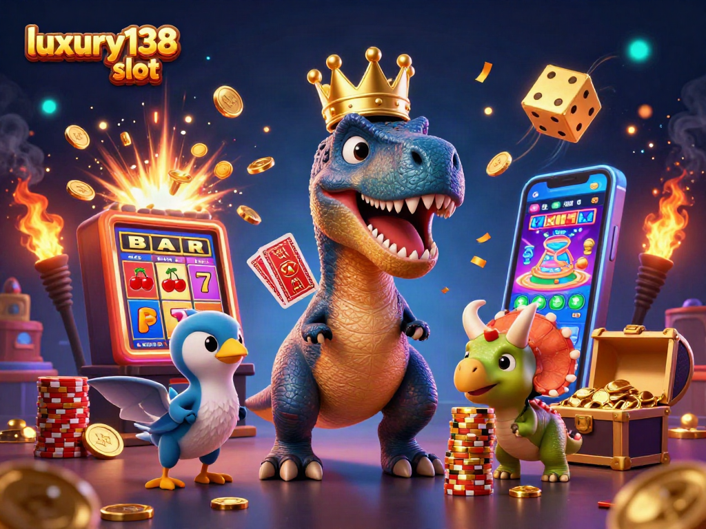 Menangkan permainan di luxury138 slot dengan ilustrasi kasino yang menarik dan emas bersinar.