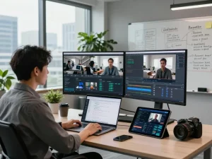 Data scientist utilizing video to promptgenerator technology in a modern office.