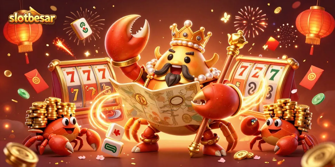 Spin the reels of slotbesar amidst a vibrant casino scene with a golden crab emperor.